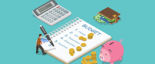 Illustration of budgeting items with a calculator, notebook labeled 'Budget,' coins, and a piggy bank, representing money-saving strategies for young adults.