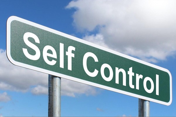 Green road sign with the words 'Self Control' against a blue sky, representing the importance of financial discipline.