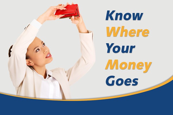 Woman looking into an empty wallet with text saying 'Know Where Your Money Goes,' emphasizing budgeting awareness.