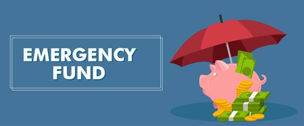 Illustration of a piggy bank under an umbrella with stacks of cash, symbolizing the importance of having an emergency fund.